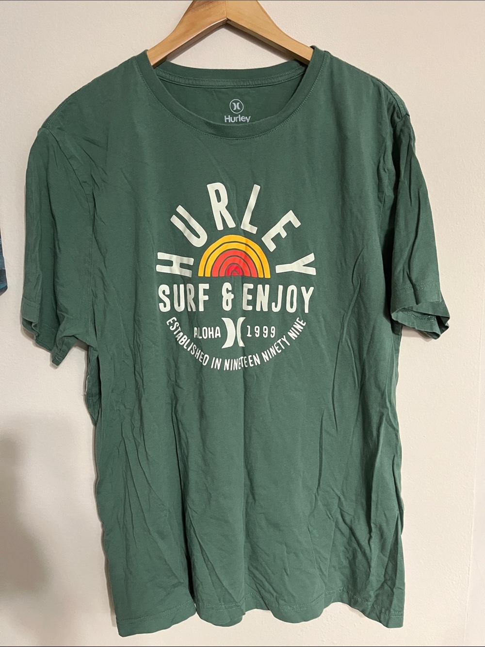 Hurley Forest Green Logo Tee with Retro Sunset Graphic